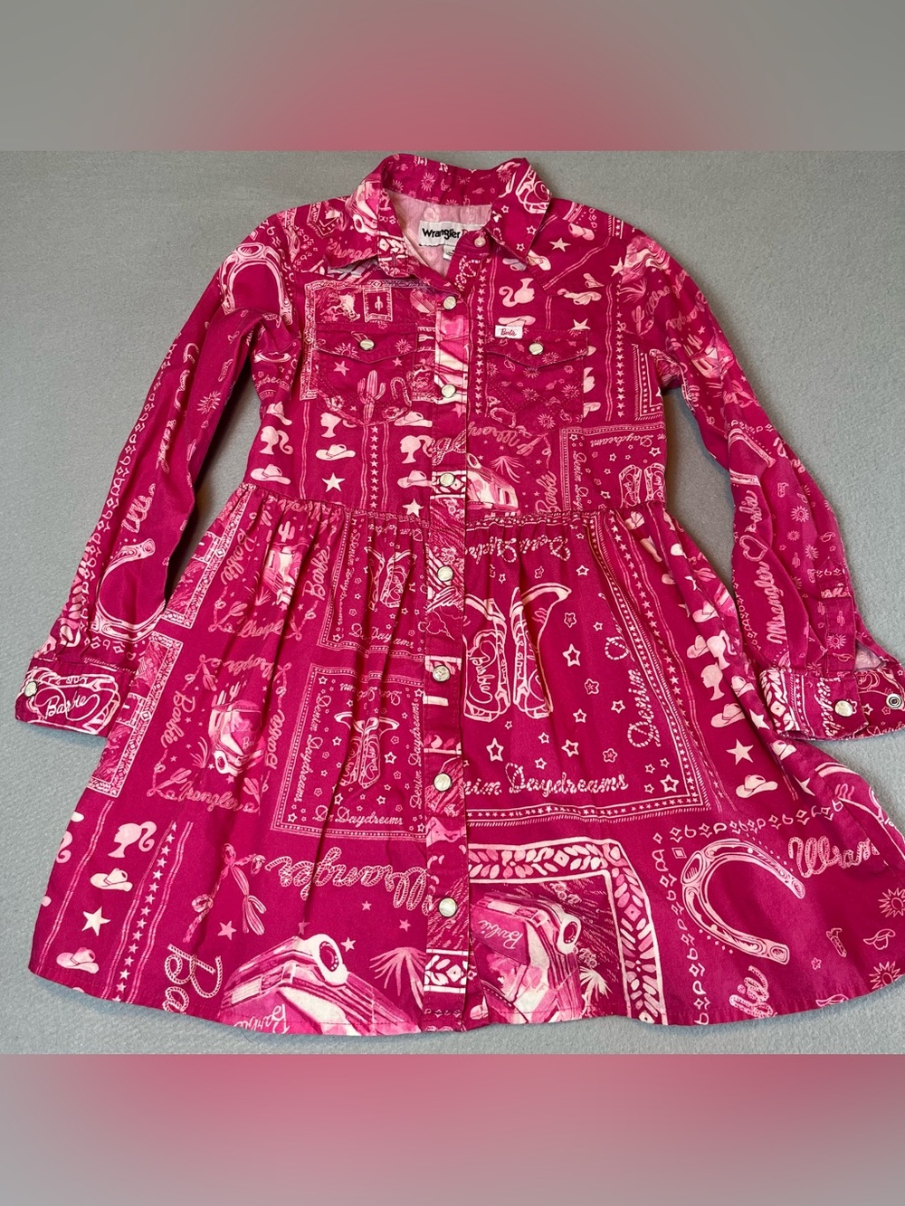 Wrangler Barbie Pink Western Shirt Dress Girls Small Y2K Cowgirl Core